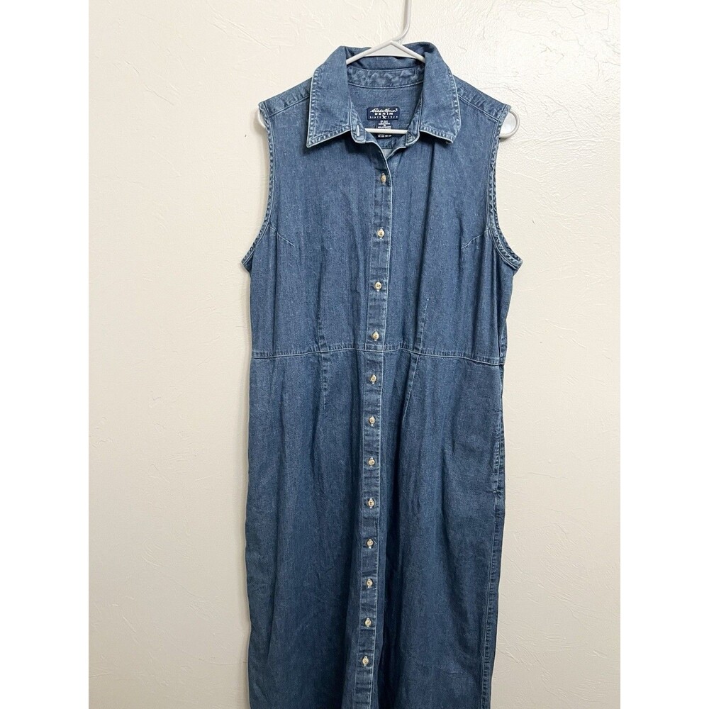 Vintage Eddie Bauer Denim Maxi Shirt Dress Size 18 Prairie Western Cottage Y2K - Picture 3 of 6